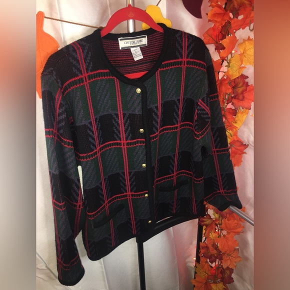 Crystal Kobe Petite | Women’s multicolored Plaid Print Cardigan Sweater - Picture 7 of 7